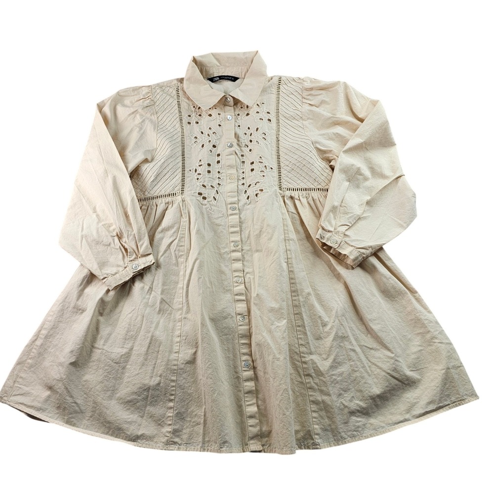 Zara Shirt Dress Womens Medium Cream Eyelet Embroidered Long Sleeve Button-Front